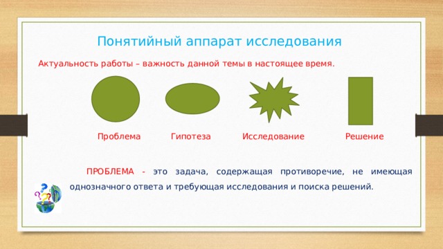 Понятийный аппарат исследования Актуальность работы – важность данной темы в настоящее время. Проблема Гипотеза Исследование Решение  ПРОБЛЕМА - это задача, содержащая противоречие, не имеющая однозначного ответа и требующая исследования и поиска решений. 