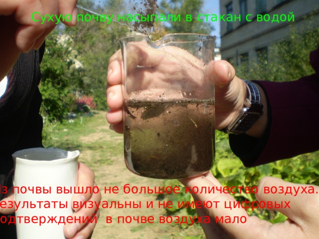 Сухую почву насыпали в стакан с водой Из почвы вышло не большое количество воздуха. Результаты визуальны и не имеют цифровых подтверждений в почве воздуха мало 