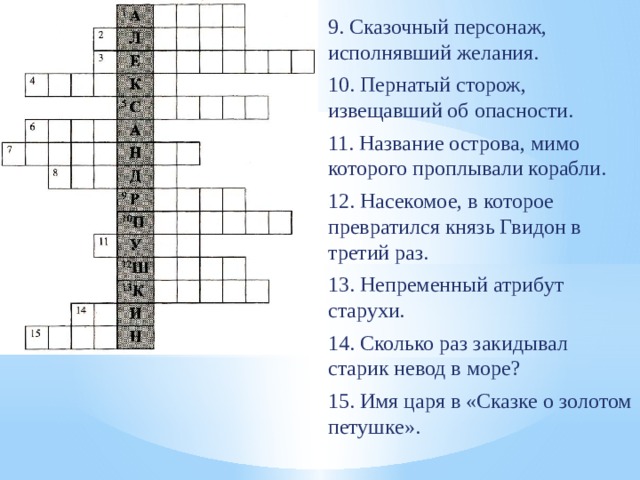 9. Сказочный персонаж, исполнявший желания. 10. Пернатый сторож, извещавший об опасности. 11. Название острова, мимо которого проплывали корабли. 12. Насекомое, в которое превратился князь Гвидон в третий раз. 13. Непременный атрибут старухи. 14. Сколько раз закидывал старик невод в море? 15. Имя царя в «Сказке о золотом петушке». 
