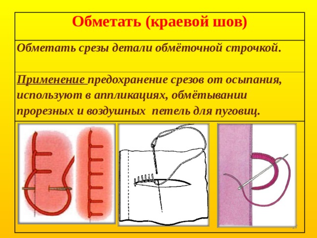 Обметать (краевой шов) Обметать срезы детали обмёточной строчкой .  Применение предохранение срезов от осыпания, используют в аппликациях, обмётывании прорезных и воздушных петель для пуговиц.  
