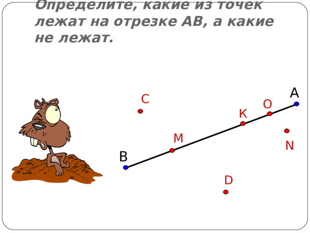 Определите, какие из точек лежат на отрезке АВ, а какие не лежат. А С О К М N В D 