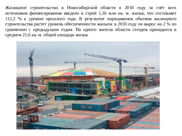 Жилищное строительство в Новосибирской области в 2010 году за счёт всех источников финансирования введено в строй 1,36 млн кв. м. жилья, что составляет 112,2 % к уровню прошлого года. В результате наращивания объемов жилищного строительства растет уровень обеспеченности жильем: в 2010 году он вырос на 2 % по сравнению с предыдущим годом. На одного жителя области сегодня приходится в среднем 21,6 кв. м. общей площади жилья. 
