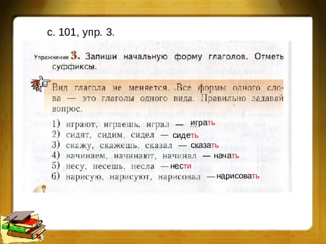 с. 101, упр. 3. игра ть сиде ть сказа ть нача ть нес ти нарисова ть 