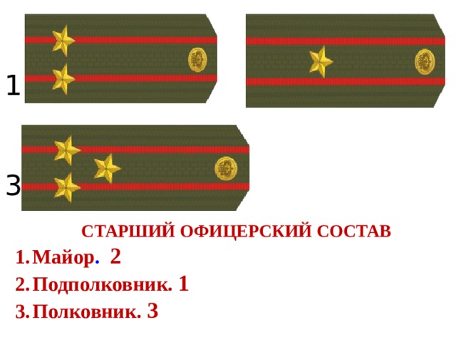     1 2    3      СТАРШИЙ ОФИЦЕРСКИЙ СОСТАВ Майор .  2 Подполковник .  1 Полковник .  3 
