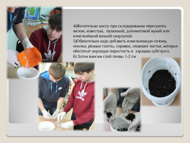 4)Желательно массу при складировании пересыпать мелом, известью, пушонкой, доломитовой мукой или измельчённой яичной скорлупой.  5)Обязательно надо добавить измельченную солому, опилки, рваные газеты, сорняки, опавшие листья, которые обеспечат хорошую пористость и аэрацию субстрата.  6) Затем вносим слой почвы 1-2 см     
