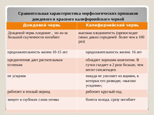 Сравнительная характеристика морфологических признаков дождевого и красного калифорнийского червей  Дождевой червь Калифорнийский червь Дождевой червь плодовит , но из-за большой скученности погибает высокая плодовитость (превосходит своих диких сородичей более чем в 100 раз) продолжительность жизни 10-15 лет продолжительность жизни: 16 лет предпочтение дает растительным остаткам обладает хорошим аппетитом. В сутки съедает в 2 раза больше, чем весит сам;всеяден. не усидчив никуда не уползает из ящиков, в которых его разводят, «высоко усидчив»; работает в теплый период работает круглый год; зимует в глубоких слоях почвы боится холода, сразу погибает  