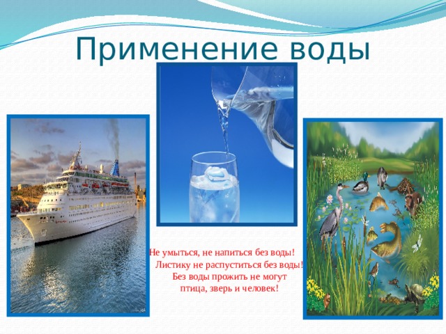 Применение воды Не умыться, не напиться без воды!  Листику не распуститься без воды!  Без воды прожить не могут  птица, зверь и человек! 
