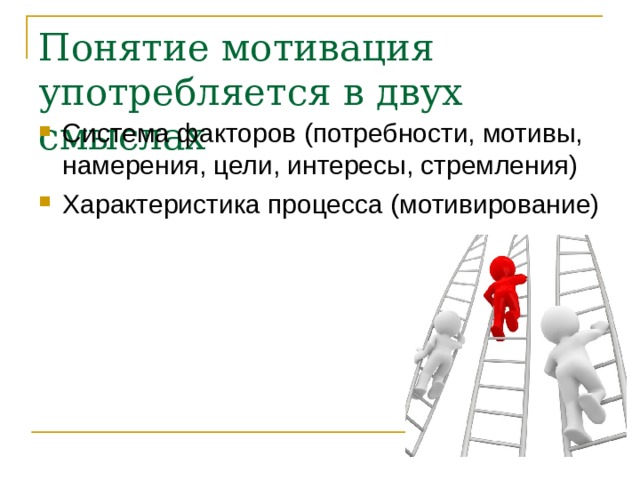 Понятие мотивация употребляется в двух смыслах Система факторов (потребности, мотивы, намерения, цели, интересы, стремления) Характеристика процесса (мотивирование) 