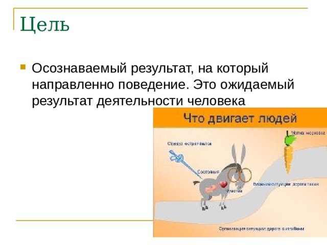Цель Осознаваемый результат, на который направленно поведение. Это ожидаемый результат деятельности человека 
