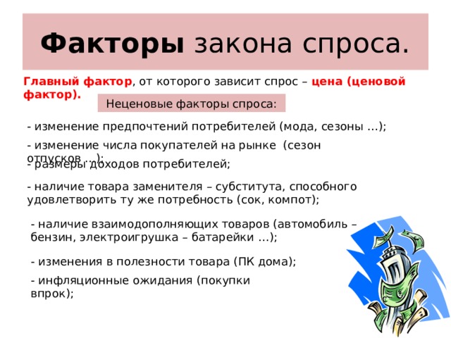 Факторы закона спроса. Главный фактор , от которого зависит спрос – цена (ценовой фактор). Неценовые факторы спроса: - изменение предпочтений потребителей (мода, сезоны …); - изменение числа покупателей на рынке (сезон отпусков …); - размеры доходов потребителей; - наличие товара заменителя – субститута, способного удовлетворить ту же потребность (сок, компот); - наличие взаимодополняющих товаров (автомобиль – бензин, электроигрушка – батарейки …); - изменения в полезности товара (ПК дома); - инфляционные ожидания (покупки впрок); 