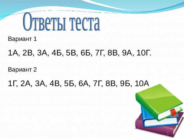 Вариант 1 1А, 2В, 3А, 4Б, 5В, 6Б, 7Г, 8В, 9А, 10Г. Вариант 2 1Г, 2А, 3А, 4В, 5Б, 6А, 7Г, 8В, 9Б, 10А 