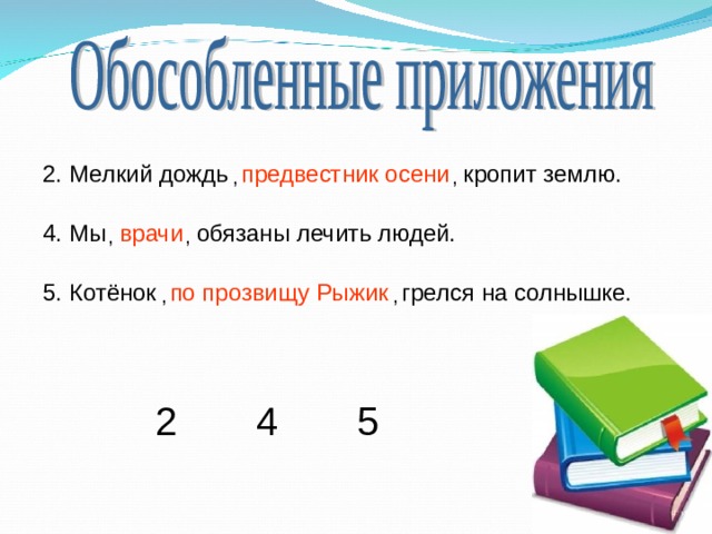 2. Мелкий дождь предвестник осени кропит землю. , , 4. Мы врачи обязаны лечить людей. , , 5. Котёнок по прозвищу Рыжик грелся на солнышке. , , 2 4 5 