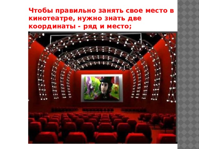 Чтобы правильно занять свое место в кинотеатре, нужно знать две координаты - ряд и место; 