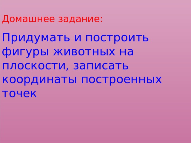 Домашнее задание: Придумать и построить фигуры животных на плоскости, записать координаты построенных точек 22 
