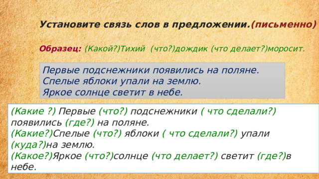 Установите связь слов в предложении. (письменно)   Образец:  (Какой?)Тихий  (что?)дождик (что делает?)моросит. Первые подснежники появились на поляне.   Спелые яблоки упали на землю.  Яркое солнце светит в небе. (Какие ?) Первые (что?) подснежники ( что сделали?) появились (где?) на поляне.   (Какие?) Спелые (что?) яблоки ( что сделали?) упали (куда?) на землю.  (Какое?) Яркое (что?) солнце (что делает?) светит (где?) в небе. 