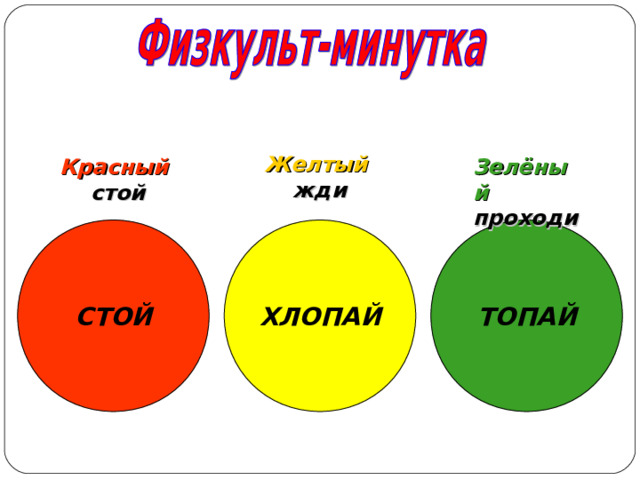Желтый жди Зелёный  Красный проходи стой ХЛОПАЙ СТОЙ ТОПАЙ 