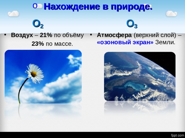 Нахождение в природе.  О 2     О 3 Воздух – 21% по объёму Атмосфера (верхний слой) – «озоновый экран» Земли.   23% по  массе. 