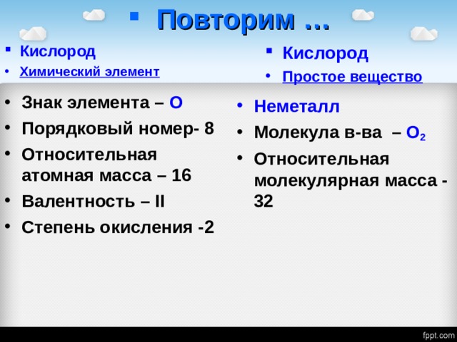 Повторим … Кислород Кислород Химический элемент Простое вещество Знак элемента – О Порядковый номер- 8 Относительная атомная масса – 16 Валентность – II Степень окисления -2   Неметалл Молекула в-ва – О 2 Относительная молекулярная масса - 32  