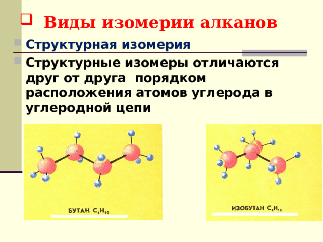 Виды изомерии алканов Структурная изомерия Структурные изомеры отличаются друг от друга порядком расположения атомов углерода в углеродной цепи 