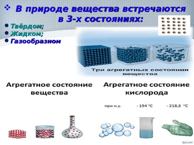 В природе вещества встречаются в 3-х состояниях: Твёрдом; Жидком; Газообразном   