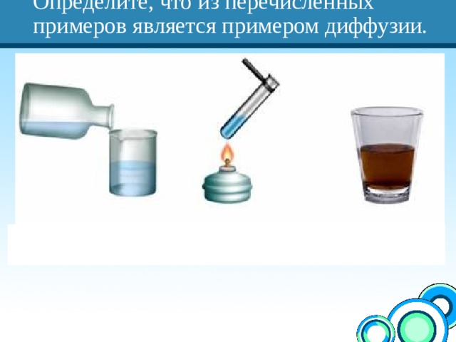 Упражнение 1 .  Определите, что из перечисленных примеров является примером диффузии. 