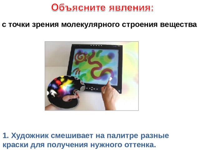с точки зрения молекулярного строения вещества 1. Художник смешивает на палитре разные краски для получения нужного оттенка. 