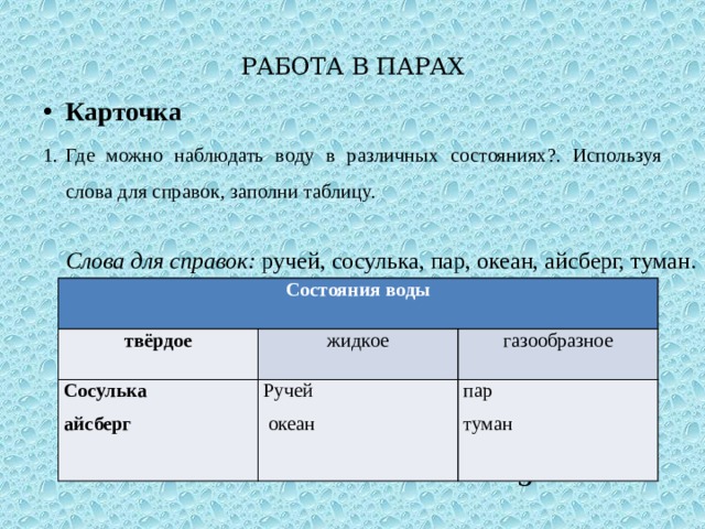 РАБОТА В ПАРАХ Карточка Где можно наблюдать воду в различных состояниях?. Используя слова для справок, заполни таблицу.  3 Слова для справок: ручей, сосулька, пар, океан, айсберг, туман. Состояния воды твёрдое жидкое Сосулька газообразное айсберг Ручей пар  океан туман 