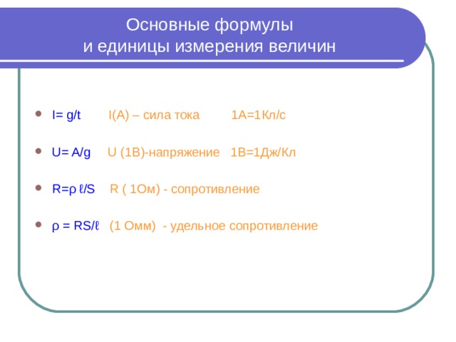 Основные формулы  и единицы измерения величин I= g / t   I( А) – сила тока 1А=1Кл/с  U= A / g   U (1 В ) -напряжение 1В=1Дж/Кл R= ρ ℓ / S   R  ( 1 Ом ) - сопротивление  ρ = RS /ℓ  ( 1  Ом ּ м)  - удельное сопротивление 