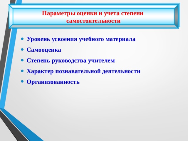 Параметры оценки и учета степени самостоятельности Уровень усвоения учебного материала Самооценка Степень руководства учителем Характер познавательной деятельности Организованность  
