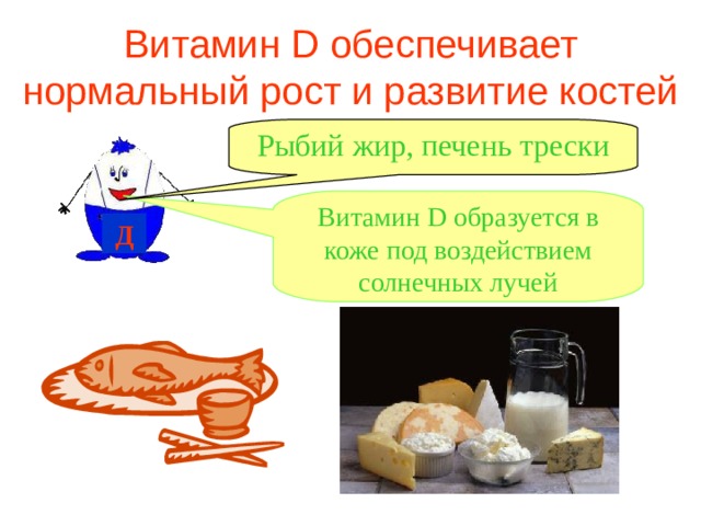 Витамин D обеспечивает нормальный рост и развитие костей Рыбий жир, печень трески Витамин D образуется в коже под воздействием солнечных лучей Д 