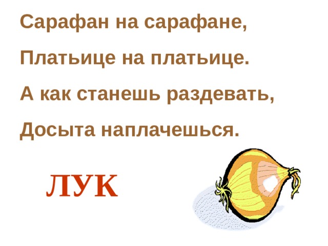 Сарафан на сарафане,  Платьице на платьице.  А как станешь раздевать,  Досыта наплачешься. ЛУК 