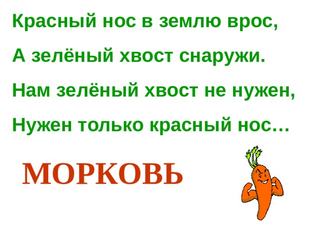 Красный нос в землю врос,  А зелёный хвост снаружи.  Нам зелёный хвост не нужен,  Нужен только красный нос… МОРКОВЬ 