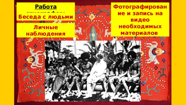 Работа этнографов: Фотографирование и запись на видео необходимых материалов Беседа с людьми Личные наблюдения 