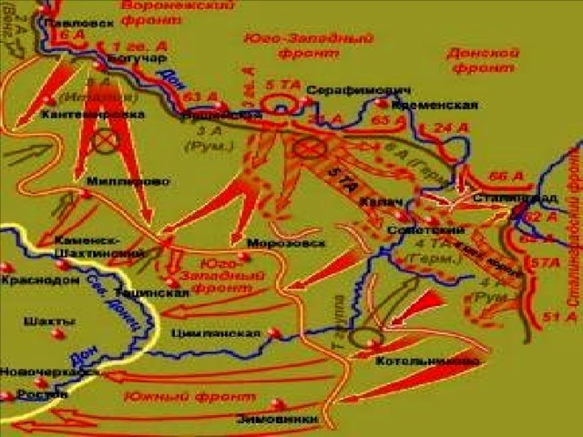 В окружении оказалось 330 тыс. человек во главе с фельдмаршалом Па улюсом. В январе 1943 г. после ультиматума советские войска разреза-ли вражескую группировку надвое и 2 февраля немцы капитулировали.Их общие потери составили 800 тыс.чело-век,2 тыс танков.3 тыс. самолетов. Эта победа положила начало корен ному перелому в ходе войны. Под ее впечат-лением союзники решили открыть в 1944 г. 2 фронт в Европе, а Япония, отказалась от войны с СССР. 