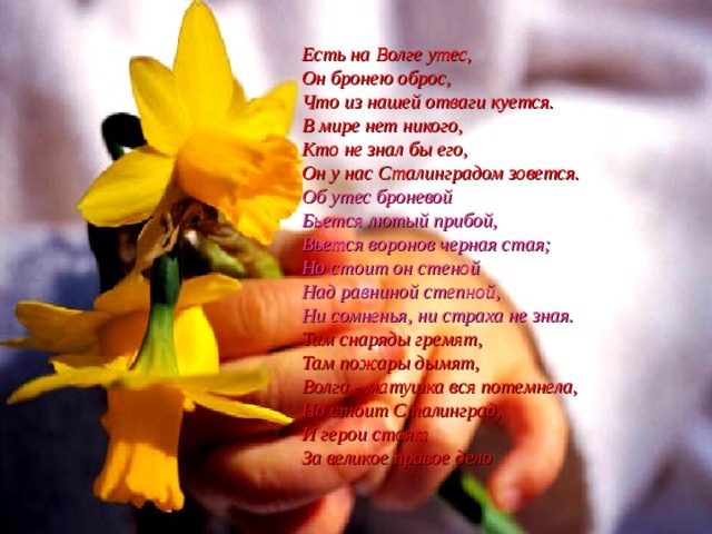 Есть на Волге утес,  Он бронею оброс,  Что из нашей отваги куется.  В мире нет никого,  Кто не знал бы его,  Он у нас Сталинградом зовется.  Об утес броневой  Бьется лютый прибой,  Вьется воронов черная стая;  Но стоит он стеной  Над равниной степной,  Ни сомненья, ни страха не зная.  Там снаряды гремят,  Там пожары дымят,  Волга - матушка вся потемнела,  Но стоит Сталинград,  И герои стоят  За великое правое дело 