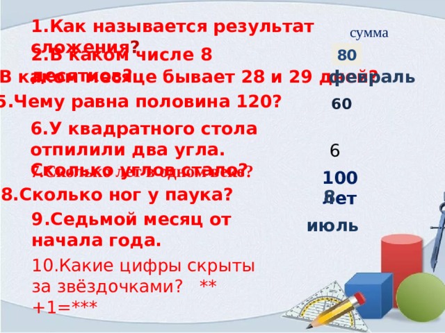 1.Как называется результат сложения ?  сумма 2.В каком числе 8 десятков? 80 3.В каком месяце бывает 28 и 29 дней? февраль 5.Чему равна половина 120? 60 6.У квадратного стола отпилили два угла. Сколько углов стало? 6 7.Сколько лет в одном веке? 100 лет 8.Сколько ног у паука? 8 9.Седьмой месяц от начала года. июль 10.Какие цифры скрыты за звёздочками? ** +1=*** 
