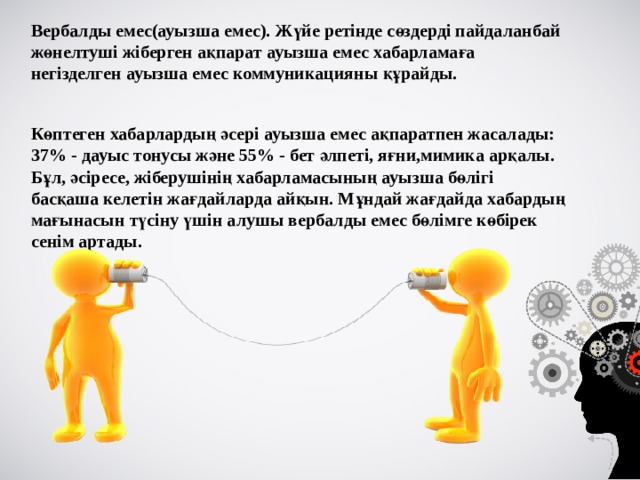 Вербалды емес(ауызша емес). Жүйе ретінде сөздерді пайдаланбай жөнелтуші жіберген ақпарат ауызша емес хабарламаға негізделген ауызша емес коммуникацияны құрайды.  Көптеген хабарлардың әсері ауызша емес ақпаратпен жасалады: 37% - дауыс тонусы және 55% - бет әлпеті, яғни,мимика арқалы. Бұл, әсіресе, жіберушінің хабарламасының ауызша бөлігі басқаша келетін жағдайларда айқын. Мұндай жағдайда хабардың мағынасын түсіну үшін алушы вербалды емес бөлімге көбірек сенім артады. 