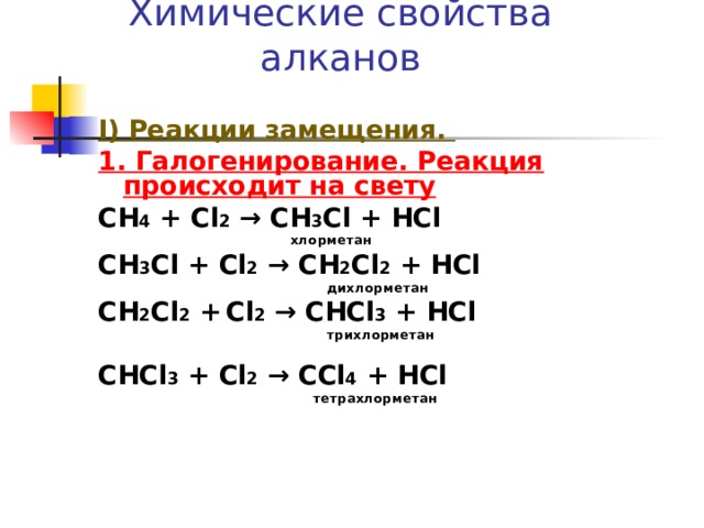 Химические свойства алканов I )  Реакции замещения. 1. Галогенирование. Реакция происходит на свету СН 4 + С l 2 → СН 3 С l + Н С l  хлорметан СН 3 С l + С l 2 → СН 2 С l 2 + Н С l  дихлорметан СН 2 С l 2 +  С l 2 → СН С l 3 + Н С l  трихлорметан  СН С l 3 + С l 2 → С С l 4 + Н С l  тетрахлорметан   