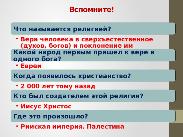 Вспомните! Что называется религией? Вера человека в сверхъестественное (духов, богов) и поклонение им Вера человека в сверхъестественное (духов, богов) и поклонение им Какой народ первым пришел к вере в одного бога? Евреи Евреи Когда появилось христианство? 2 000 лет тому назад 2 000 лет тому назад Кто был создателем этой религии? Иисус Христос Иисус Христос Где это произошло? Римская империя. Палестина Римская империя. Палестина 