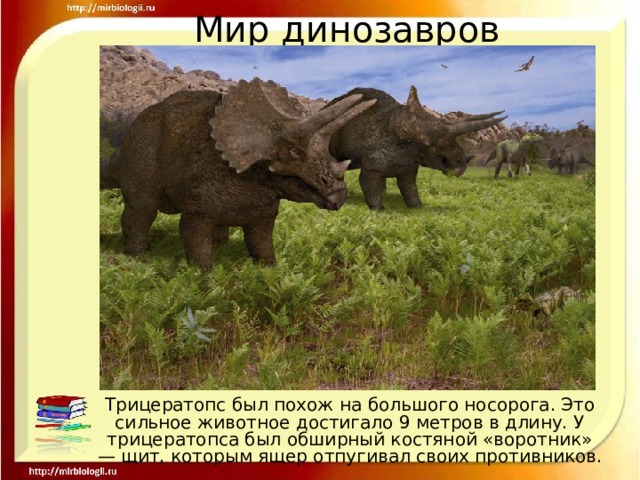Мир динозавров Трицератопс был похож на большого носорога. Это сильное животное достигало 9 метров в длину. У трицератопса был обширный костяной «воротник» — щит, которым ящер отпугивал своих противников. 