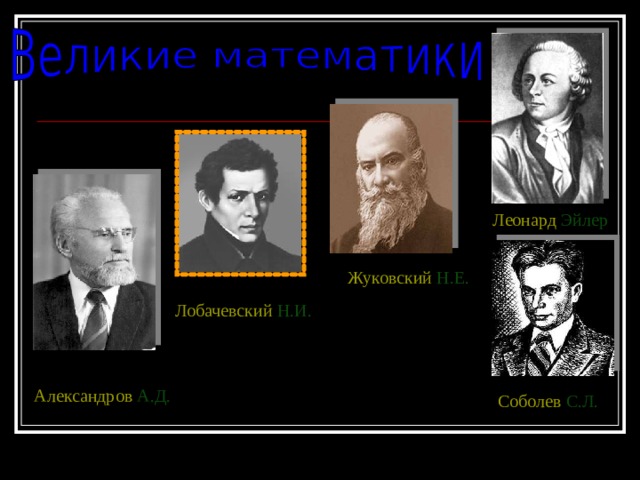 Леонард  Эйлер Жуковский  Н.Е. Лобачевский  Н.И. Александров А.Д. Соболев  С.Л. 