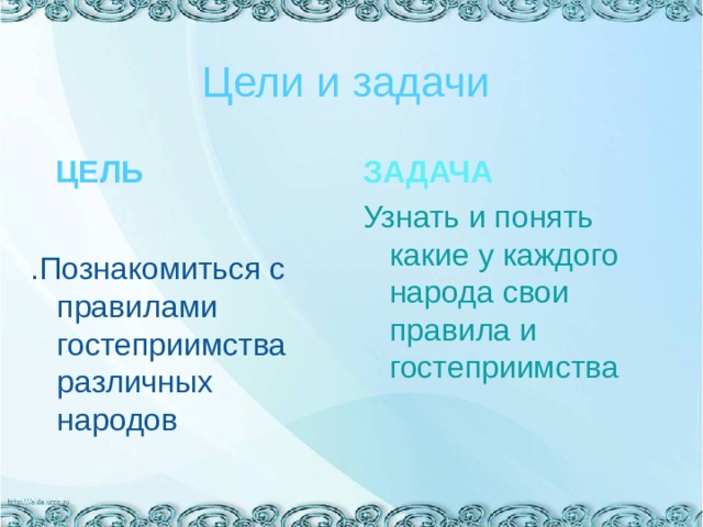 Цели и задачи ЦЕЛЬ ЗАДАЧА Узнать и понять какие у каждого народа свои правила и гостеприимства .Познакомиться с правилами гостеприимства различных народов 