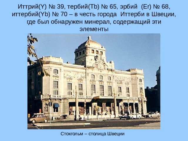 Иттрий( Y) № 39, тербий (Tb) № 65, эрбий (Er) № 68, иттербий (Yb) № 70 – в честь города Иттерби в Швеции, где был обнаружен минерал, содержащий эти элементы Стокгольм – столица Швеции 28 