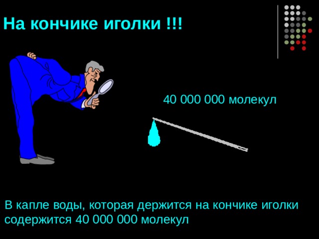 На кончике иголки !!! 40 000 000 молекул В капле воды, которая держится на кончике иголки содержится 40 000 000 молекул 