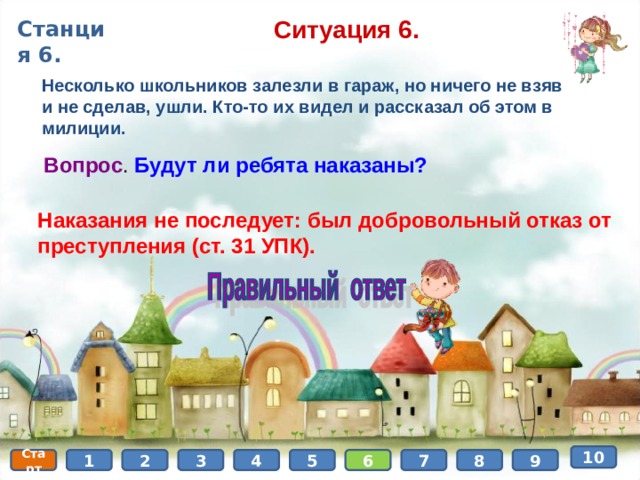 Ситуация 6. Станция 6. Несколько школьников залезли в гараж, но ничего не взяв и не сделав, ушли. Кто-то их видел и рассказал об этом в милиции. Вопрос . Будут ли ребята наказаны? Наказания не последует: был добровольный отказ от преступления (ст. 31 УПК).  10 6 8 9 5 4 3 2 1 Старт 7 