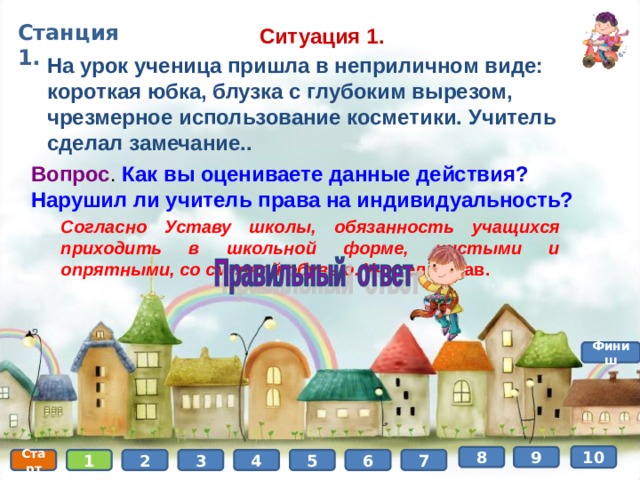 Станция 1. Ситуация 1. На урок ученица пришла в неприличном виде: короткая юбка, блузка с глубоким вырезом, чрезмерное использование косметики. Учитель сделал замечание.. Вопрос . Как вы оцениваете данные действия? Нарушил ли учитель права на индивидуальность? Согласно Уставу школы, обязанность учащихся приходить в школьной форме, чистыми и опрятными, со сменной обувью. Учитель прав. Финиш 10 9 8 6 7 5 4 3 2 1 Старт 
