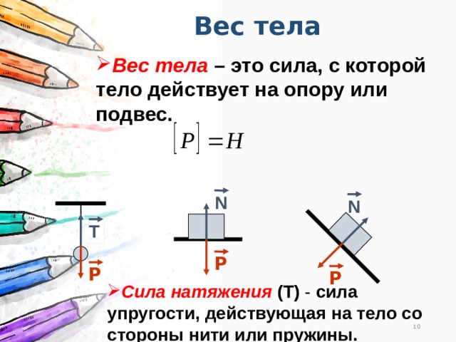 Вес тела Вес тела  – это сила, с которой тело действует на опору или подвес. N N T Р Р Р Сила натяжения (Т)  - сила упругости, действующая на тело со стороны нити или пружины. 10 