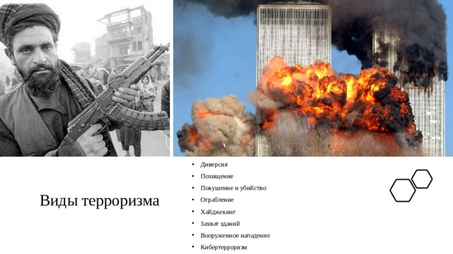 Диверсия  Похищение Покушение и убийство Ограбление Хайджекинг  Захват зданий Вооруженное нападение Кибертерроризм Виды терроризма 