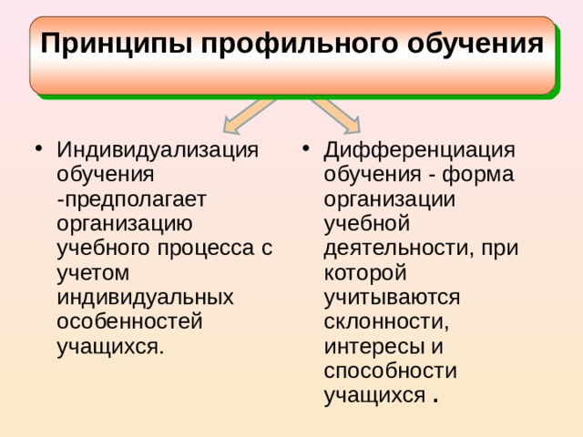 Принципы профильного обучения  Индивидуализация обучения - предполагает организацию учебного процесса с учетом индивидуальных особенностей учащихся. Дифференциация обучения - форма организации учебной деятельности, при которой учитываются склонности, интересы и способности учащихся . 