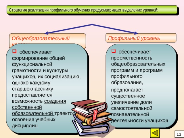 Стратегия реализации профильного обучения предусматривает выделение уровней:  Общеобразовательный уровень Профильный уровень  обеспечивает формирование общей функциональной грамотности и культуры учащихся, их социализацию, однако каждому старшекласснику предоставляется возможность создания собственной образовательной траектории освоения учебных дисциплин  обеспечивает преемственность общеобразовательных программ и программ профильного образования, предполагает существенное увеличение доли самостоятельной познавательной деятельности учащихся 13 